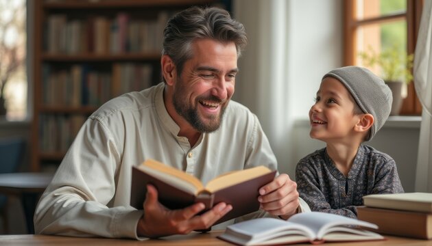 Joyful father and son sharing a story in a cozy library