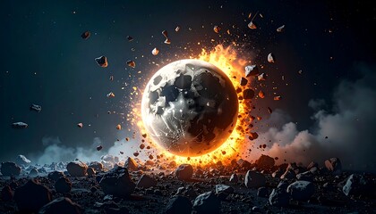 A celestial body explodes in a dramatic display of fiery destruction amidst a cosmic debris field.
