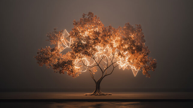 Futuristic autumn tree with glowing polygonal light structures among its leaves, blending nature with digital surrealism. - Powered by Adobe