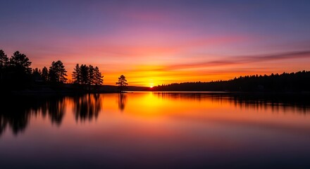 Fototapeta premium Vibrant Sunset Over Calm Lake with Silhouetted Trees.