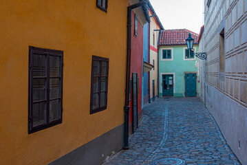 Sunset view of The golden lane at the Prague castle, Czech repub