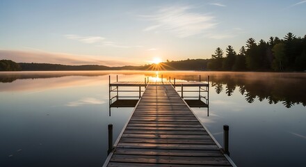 Obraz premium A serene sunrise over a tranquil lake, with a wooden dock extending towards the horizon. The water reflects the sky's colors, creating a peaceful atmosphere.