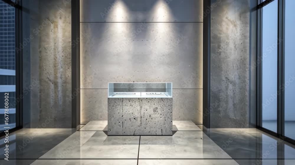 Poster empty showcase: a sleek, modern showcase stands empty under the soft glow of spotlights, an alluring