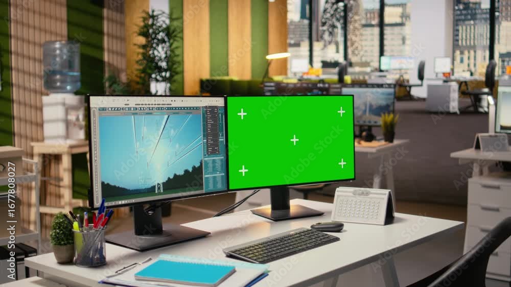 Poster digital modeling tool on green screen mockup computer used for smart electric grid development in of