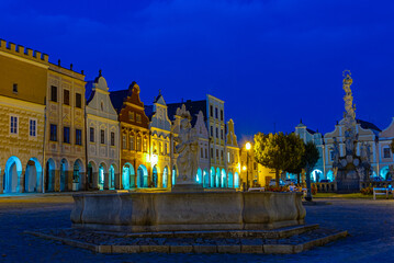 Sunset view of colourful houses at historical square in Telc, Cz