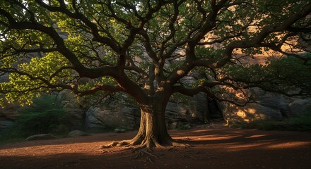 Majestic oak in a natural environment, bathed in warm light capturing the serene beauty of nature