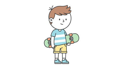 Playful illustration of a happy young boy holding a skateboard, reflecting active childhood and outdoor fun. Ideal for children's content and summer lifestyle themes