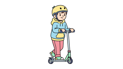 Joyful young boy in a yellow safety helmet and blue hoodie having fun riding his green kick scooter, promoting an active and happy childhood outdoors