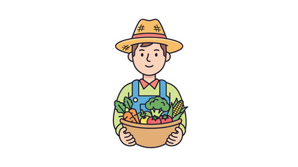 Smiling farmer character proudly presents a fresh harvest of organic vegetables in a rustic bowl, embodying healthy eating and sustainable agriculture practices