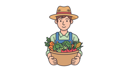 Friendly farmer character in hat and overalls, holding a basket of fresh organic vegetables. Symbolizes harvest, healthy eating, and sustainable agriculture