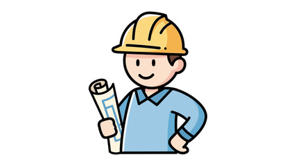 Friendly cartoon builder in a yellow safety hard hat holding blue architectural plans, symbolizing construction, engineering, and project development, ideal for design-related content