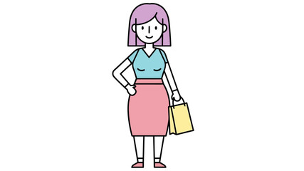 Vibrant cartoon illustration of a stylish woman holding a shopping bag, rendered in a clean and friendly flat design style. Ideal for diverse lifestyle and consumer-focused projects