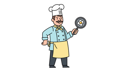 A cheerful cartoon chef proudly presents a freshly cooked fried egg in a frying pan, ready for a delicious and wholesome breakfast