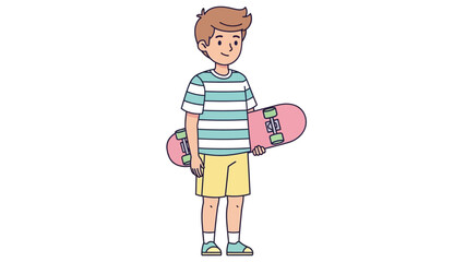 Illustration of a happy young boy character holding a vibrant pink skateboard, embodying youthful energy and the joy of outdoor leisure activities