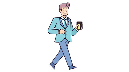Professional man in a stylish suit walks confidently, enjoying a morning coffee. A modern illustration depicting an everyday business routine or a casual stroll