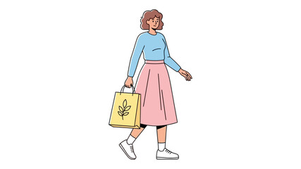 Cheerful animated woman on a walk, carrying a shopping bag with a leaf motif, representing a relaxed day of errands, sustainable shopping, or a pleasant urban stroll