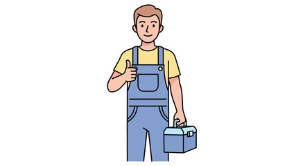 Obraz premium Friendly and skilled repairman or technician in blue overalls holding a toolbox and showing a positive thumbs-up, ready to help with service or maintenance tasks
