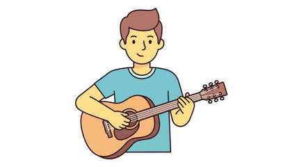 Cheerful young man playing an acoustic string instrument, passionately strumming melodious chords in a vibrant cartoon illustration, showcasing a joyful musical hobby