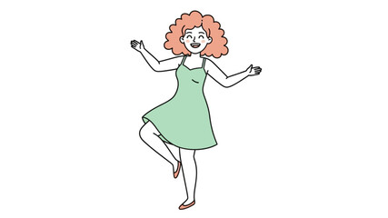 Vibrant cartoon illustration of a cheerful woman with curly red hair in a green dress, happily dancing and celebrating with enthusiasm on a white background