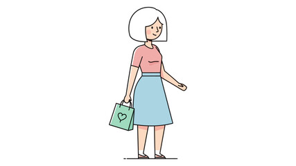Stylish woman with a modern bob haircut, happily strolling with her eco-friendly shopping bag. This vibrant vector illustration captures a casual daily activity and leisure
