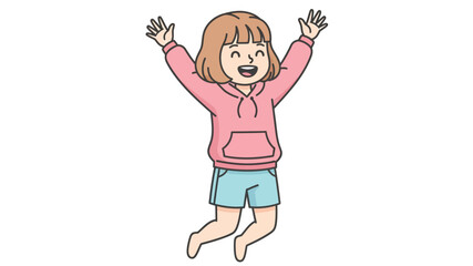 Joyful little girl in a pink hoodie and blue shorts, cheerfully jumping with arms raised, expressing pure happiness and excitement. A vibrant illustration of childhood joy and boundless energy