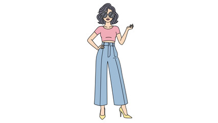 Stylish female character illustration exuding confidence, dressed in modern fashion with a pink crop top, wide-leg pants, and chic sunglasses