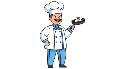 Charming cartoon chef character enthusiastically preparing a delightful breakfast with a frying pan and egg, showcasing culinary passion and cooking expertise in a professional uniform