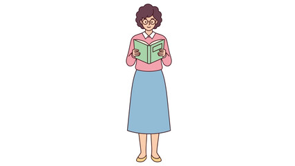 Focused woman with glasses attentively reading an open book. Standing calmly, her studious expression conveys a moment of quiet intellectual engagement and deep concentration