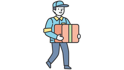 Friendly delivery worker character walking with a package, illustrating efficient and reliable courier services for online shopping and logistics operations with a smile