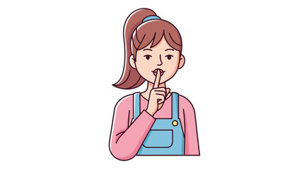 Young woman character with a playful expression making a 'shhh' gesture, finger on lips, indicating quiet, a secret, or confidential information