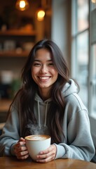 Cheerful woman enjoying a warm cup of coffee
