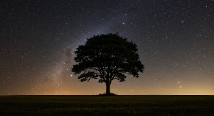 Solitary tree silhouette against a backdrop of the Milky Way's celestial brilliance