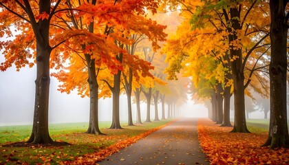 A pathway lined with vibrant autumn trees, bathed in the soft glow of a misty morning, showcasing a picturesque fall scene.