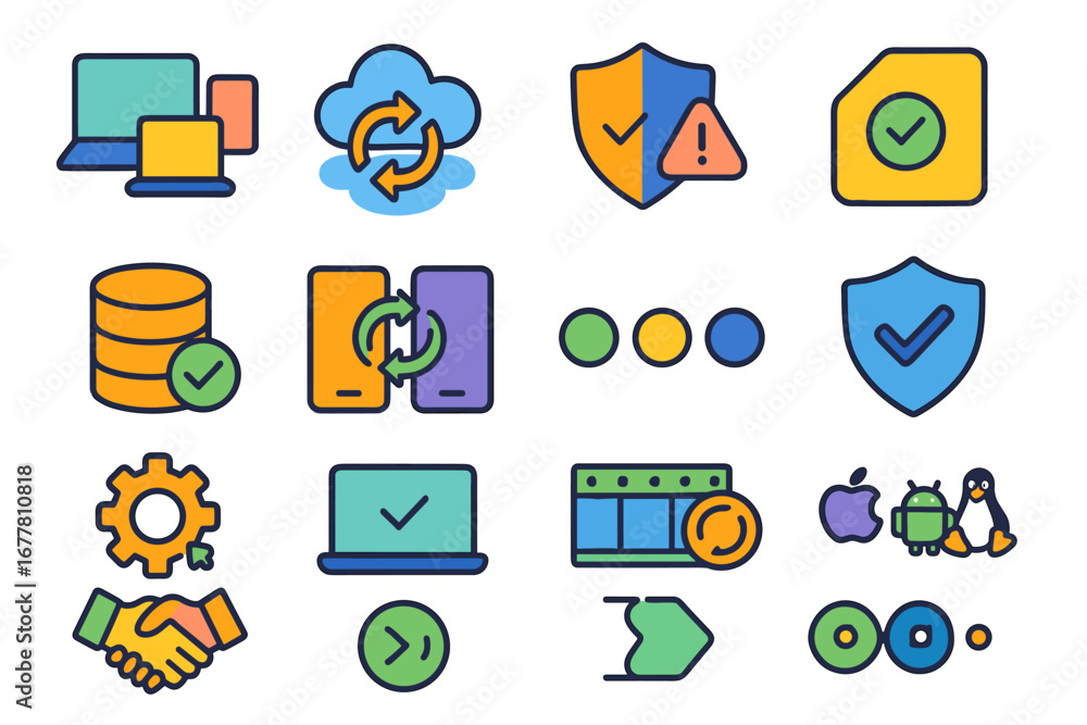 Poster technology and security line icon set. computer, backup, database, protection style