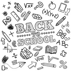 Hand-drawn doodle-style vector illustration of elements, shapes, arrows, symbols, and back-to-school graphics.