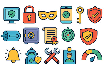 Security and privacy flat icon set. essential protection icons flat collection