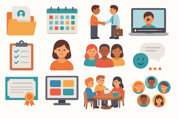 Business, office flat icon set. teamwork, communication, management icons collection