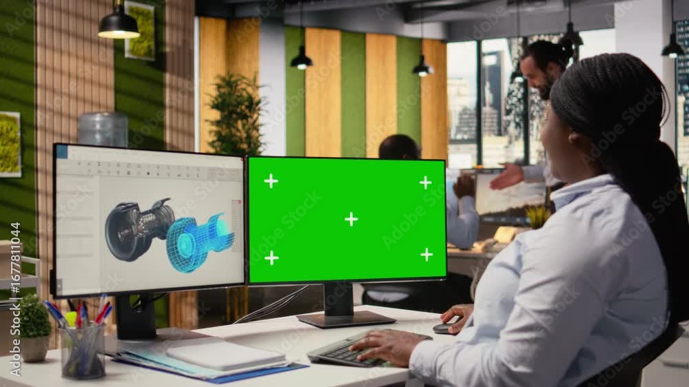 Poster engineer using cad app on green screen mockup computer to reduce carbon footprint of wind turbines. 