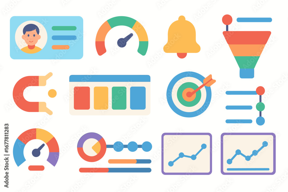 Poster business and analytics flat icon set. metrics, data visualization icons collection