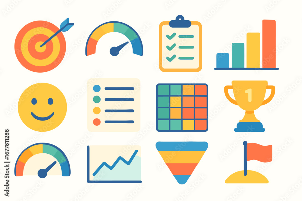 Poster data analysis flat icon set. charts, graphs, and metrics icons for business use