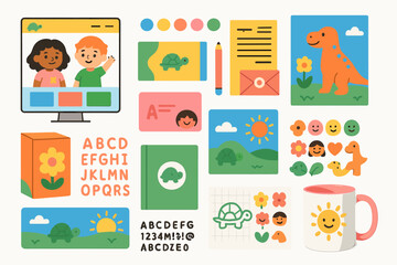 Education and learning flat icon set: alphabet, animals, and art icons collection