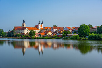 Reflection of Telc castle in Czech republic