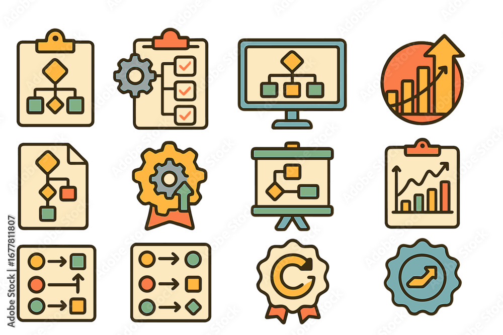 Poster data analysis and workflow outline icon set for business and productivity tools