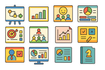 Business, finance outline icon set. strategy, analytics, corporate icons collection