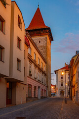 Sunrise view of Vlkova vez in the city center of Znojmo, Czech r