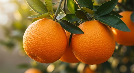 Sun-Kissed Citrus: Close-Up View of Fresh Oranges Hanging from Tree Branches with Green Leaves