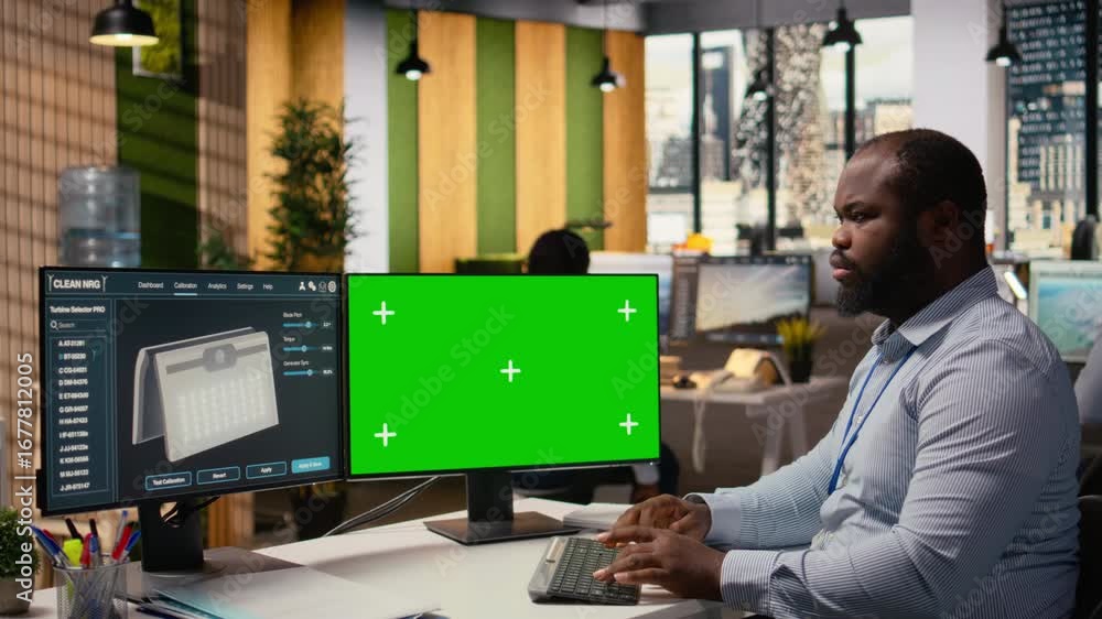 Poster engineer using green screen mockup pc to create advanced solar cell technology green energy gadget. 