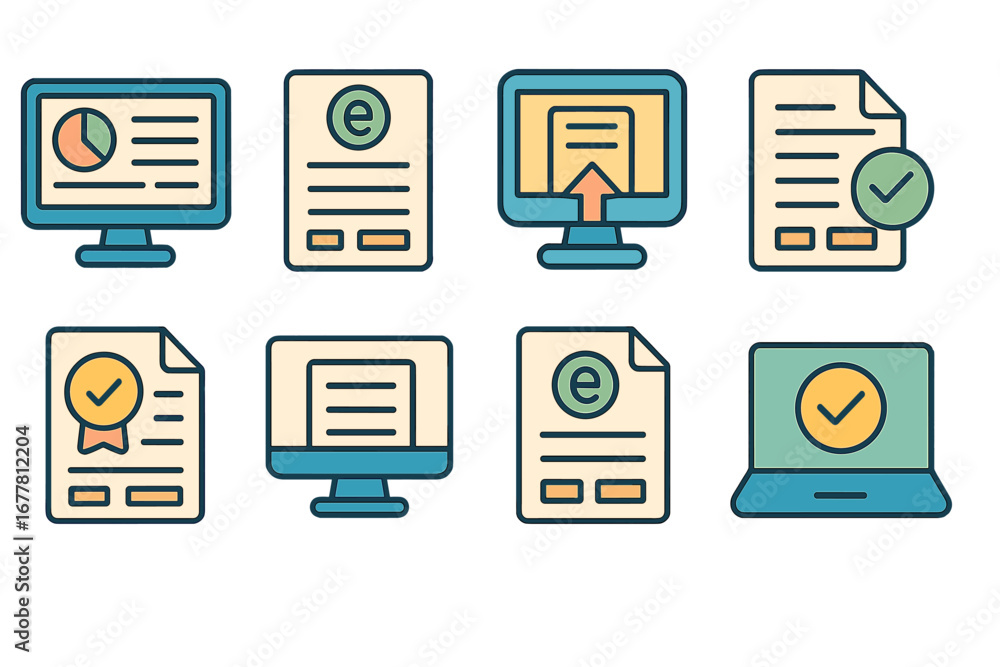 Poster document and certificate outline icon set. office, approval, verification icons collection