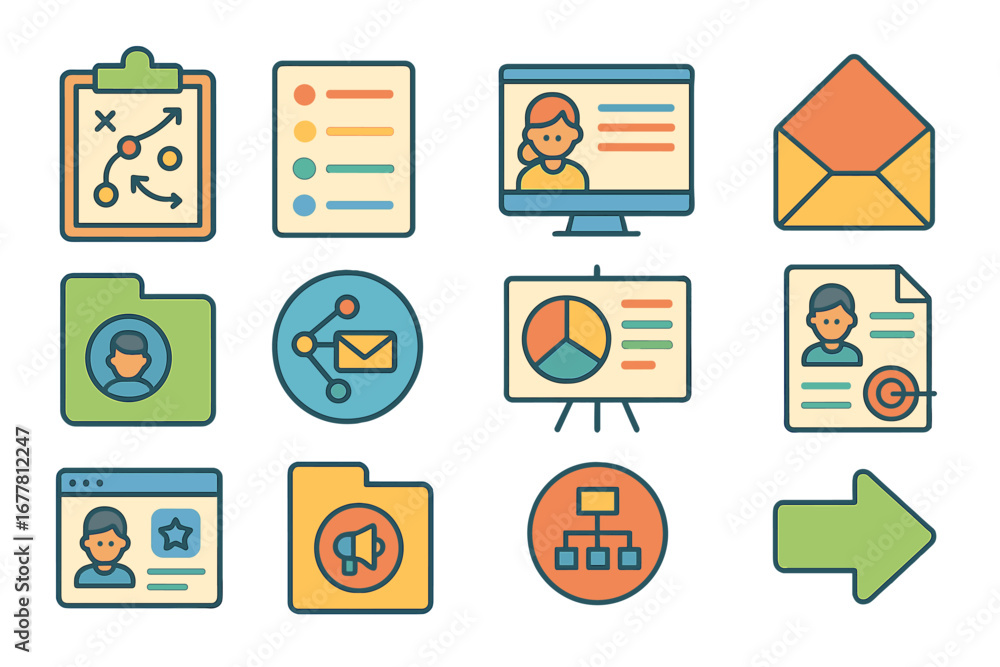 Poster productivity, organization outline icon set. efficient workflow icons for your projects