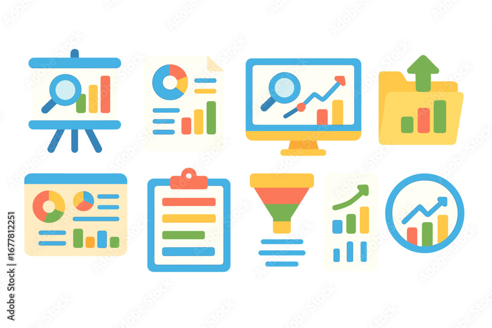 Poster data analytics flat icon set. charts, graphs, and statistics in flat style collection
